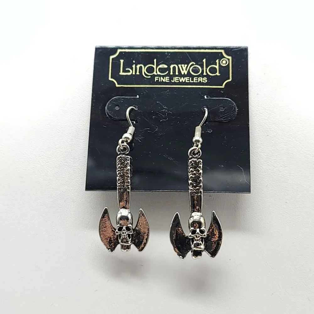 Lindenwold Siver Tone Gothic Executioners Axe Skull Dangle Earrings Hall
